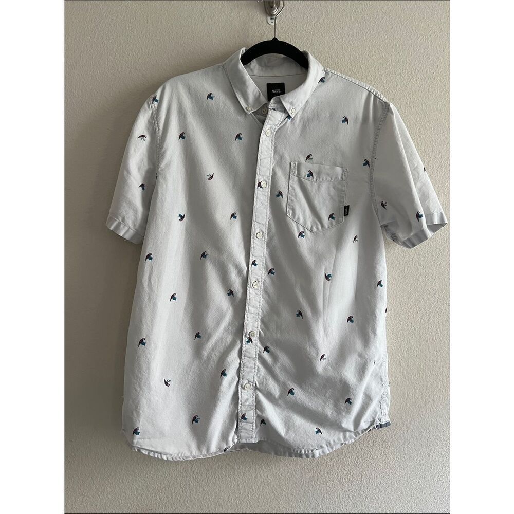Vans White Embroidered Bird Print Button Down Shirt Short Sleeve Casual M